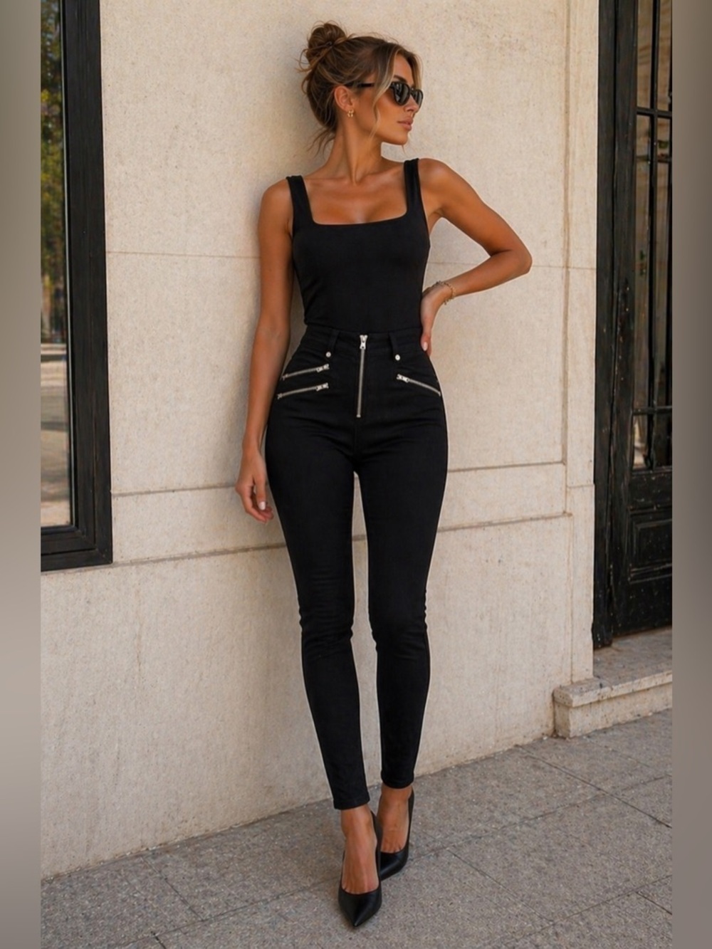 GUESS Black Stretch Moto Pants | Zipper Detail | Sleek Sculpt Fit | Size 30